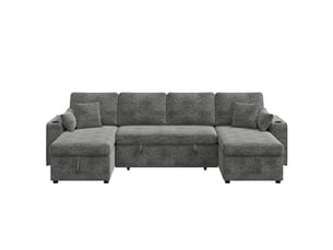 Canapé panoramique convertible 4 places forme u, coffres de rangement, usb, type-c, porte-gobelets, 4 coussins, chenille gris foncé