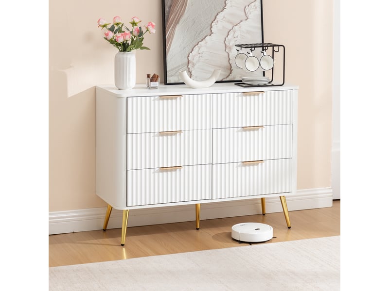  Commode 6 tiroirs, 105x40x80cm, chiffonnier meuble de rangement pour chambre salon couloir, en mdf moderne avec pieds surélevés de 20cm, blanc  - Conforama R
