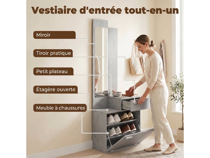  Ensemble meuble d'entrée avec meuble à chaussures abattant, tiroir et plateau, vestiaire avec miroir, gris  - Conforama A