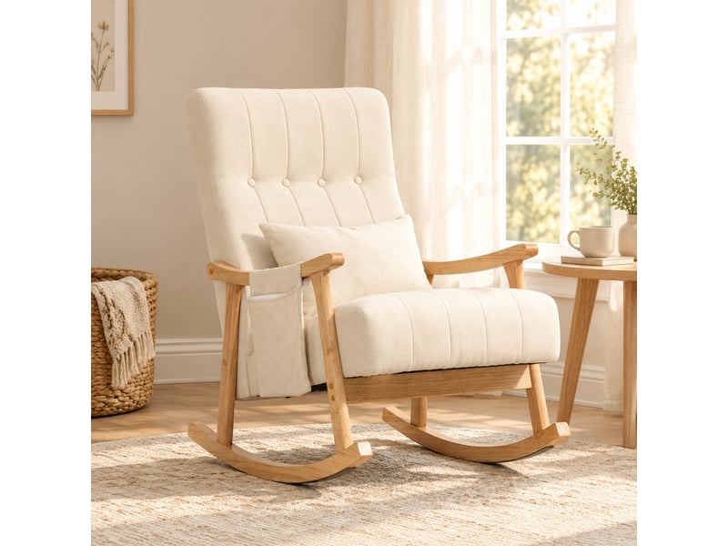  Fauteuil à bascule modenvie rembourré beige 90 x 65 x 98 cm avec coussin lombaire et poche latérale  - Conforama E