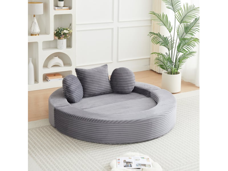  Canapé convertible 4 en 1 une place, demi-rond et lit de jour rond avec trois coussins en velours côtelé gris  - Conforama B