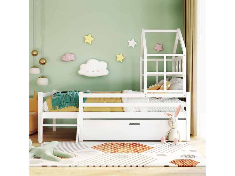 Lit 90x200cm, lit enfant avec échelle et tiroir, pin + mdf, protection, blanc, sans matelas - Conforama W