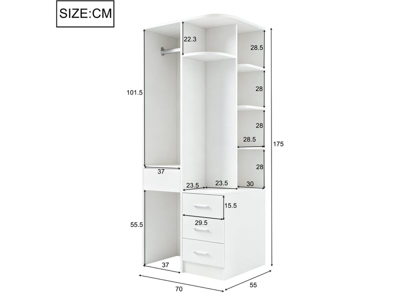  Armoire ouverte modenvie 70 x 55 x 175 cm avec 3 tiroirs blanc  - Conforama C
