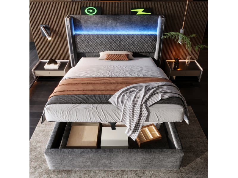  Modenvie lit coffre 90x200 cm - tête de lit haute, led, ports usb et type-c, matelas inclus - gris  - Conforama D