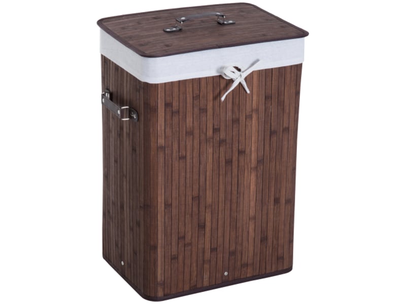  Panier à linge pliable avec couvercle, bambou marron foncé, 72 l, 40 x 30 x 60 cm, sac lavable et poignées  - Conforama A