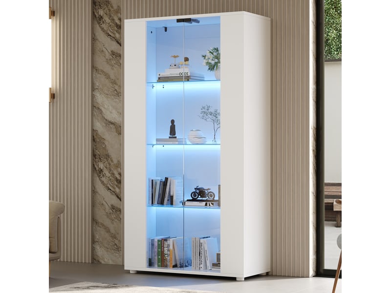  Vitrine 2 portes vitrées, 4 étagères et éclairage led réglable, design moderne pour salon, blanc 80 × 36 × 150 cm  - Conforama B