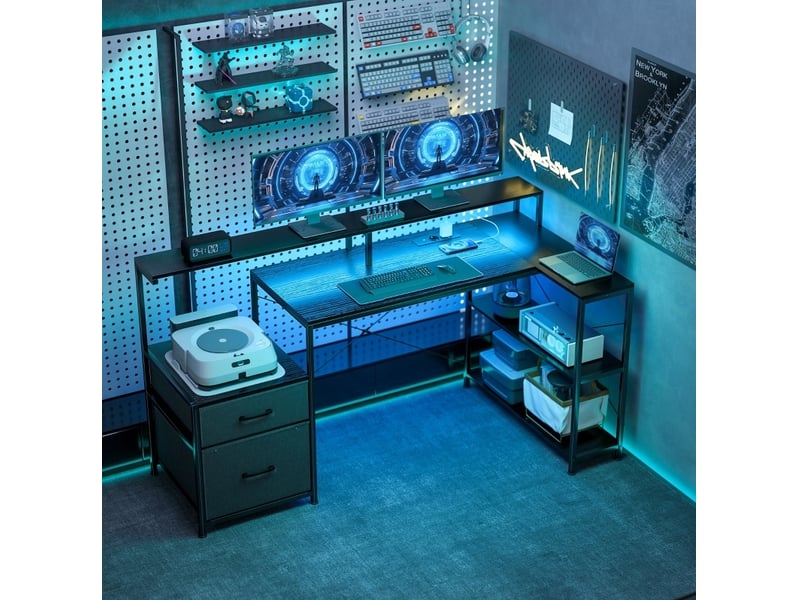 Bureau gaming en l noir 165 x 80 cm avec led 7 couleurs, prises et support double écran, rangement intégré - Conforama B