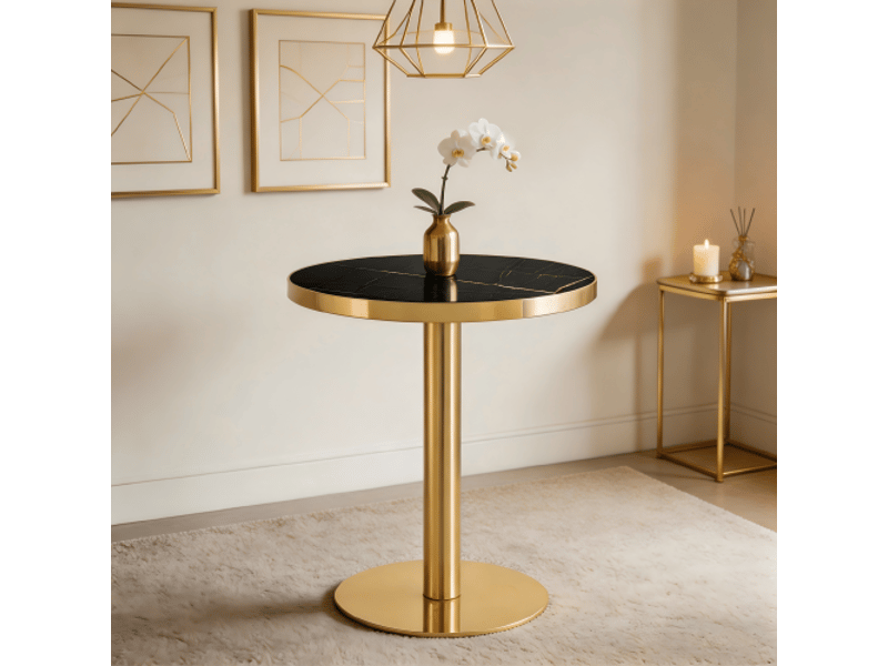 Table d'appoint ronde moderne avec cadre en acier inoxydable doré, plateau effet marbre, salon luxe, socle stable - Conforama D