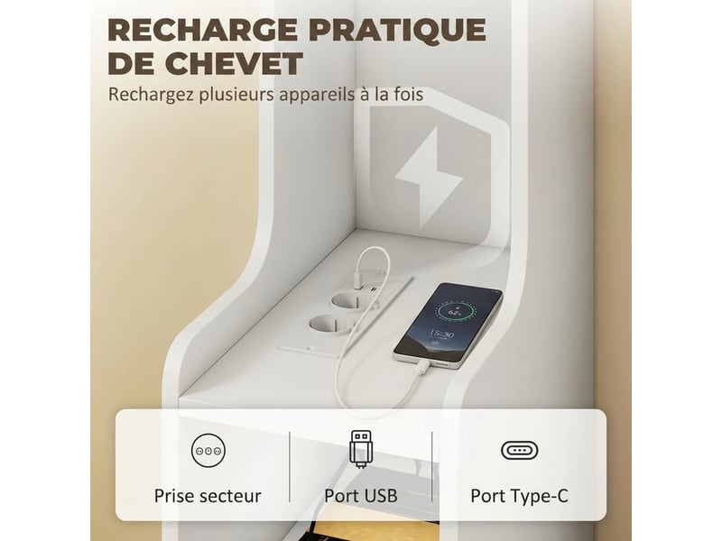  Lot de 2 tables de chevet avec station de charge et tiroir blanc 20 x 34 x 70 cm  - Conforama E
