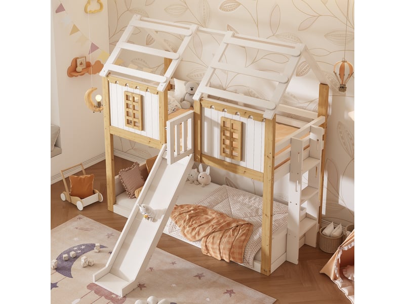  Lit superposé cabane enfant 90 x 200 cm, avec toboggan, échelle flexible, protection antichute 360°, fenêtre, structure en bois, blanc Bliss Lite - Conforama D
