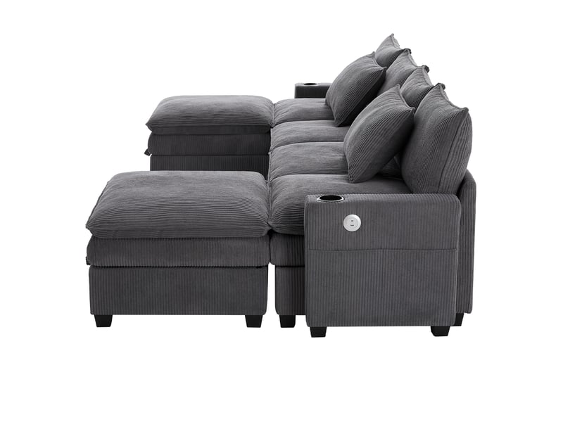  Canapé d'angle l lora gris en velours côtelé avec pouf amovible, usb, rangements et porte-gobelets  - Conforama D