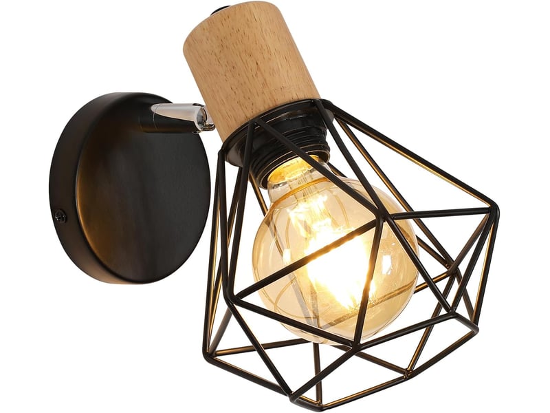 Applique murale de style rétro-industriel - orientable à 360°, en bois - abat-jour cage en métal - finition fer noir - idéale pour les chambres, les couloirs et les salons (ampoule non incluse) - Conforama A