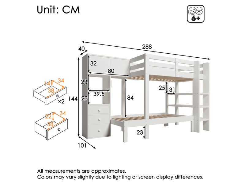  Lit superposé enfant 90x200 cm – blanc – rangement intégré, veilleuse led à détection – sans matelas  - Conforama C