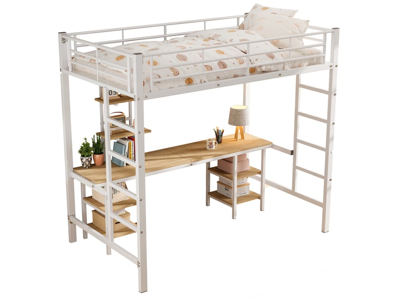  Lit mezzanine enfant 90x200 cm, table, étagère, garde-corps, sommier, métal blanc, sans matelas  - Conforama A