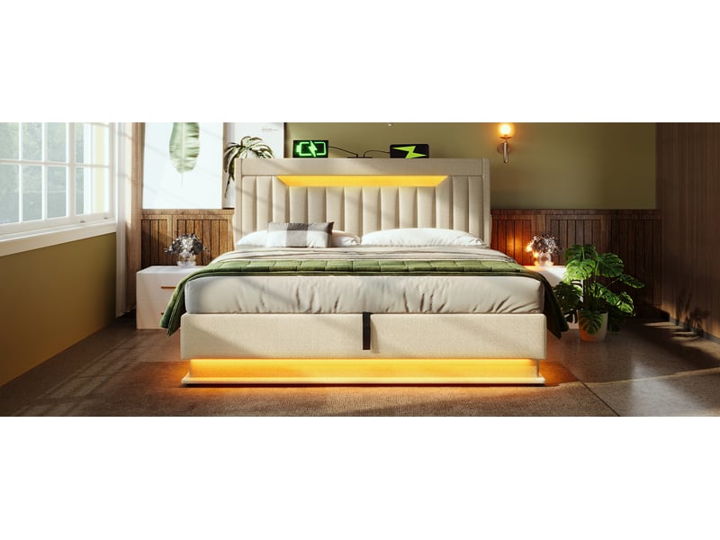 Lit coffre 160x200 beige avec tête de lit led, ports usb-c, rangement hydraulique et matelas inclus - Conforama B