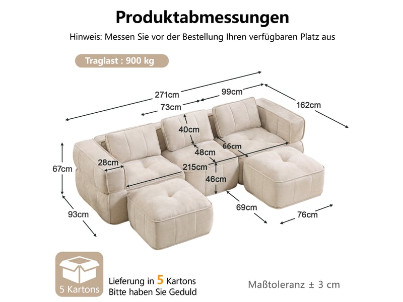  Canapé modulable en u 3 places avec 2 poufs, en polyester beige  - Conforama C