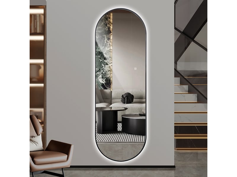  Miroir de plain-pied - 150x50 cm - miroir en pied capsule avec cadre en aluminium noir, led rétroéclairé et variateur - noir  - Conforama B
