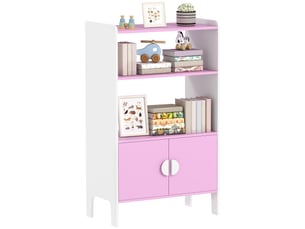 Bibliothèque pour enfants, 2 étagères, 2 placards, autoportante, conception anti-basculement, pieds antidérapants, mdf, rose et blanc