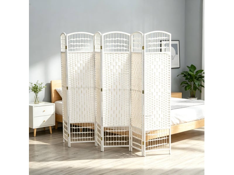  Paravent pliant 6 panneaux blanc avec séparation modulable, corde en papier et bois, 242 x 170 cm  - Conforama D