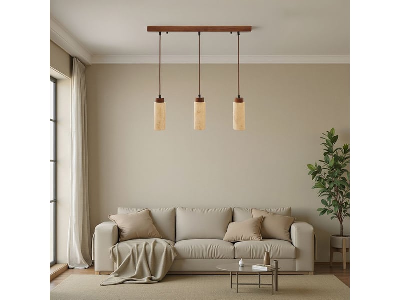  Suspension design 3 spots en travertin et effet bois iris  - Conforama D