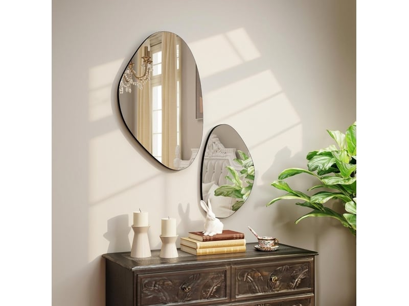  Lot de 2 miroirs muraux irréguliers en verre, cadres métal noir, 70 x 46 cm et 49,5 x 31 cm, style moderne  - Conforama E
