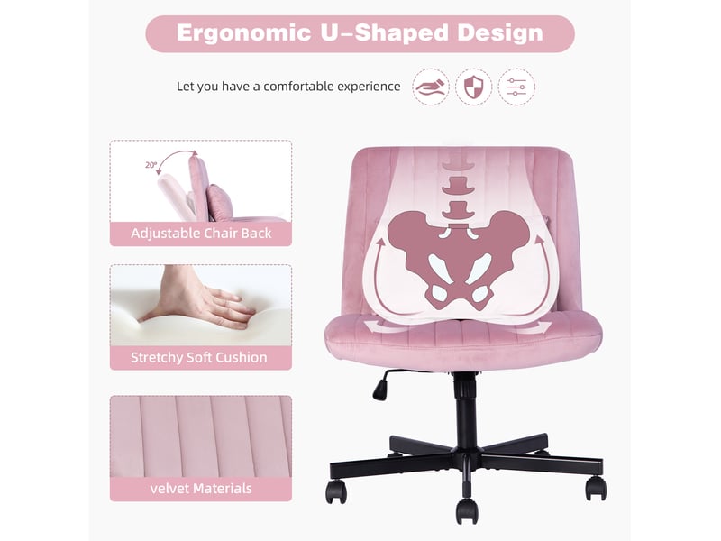  Chaise de bureau moderne rose clair sans accoudoirs, réglable en hauteur avec roulettes silencieuses et coussin  - Conforama D