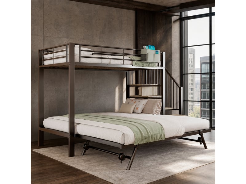  Lit superposé 90x200 cm avec lit gigogne et rangements en métal noir  - Conforama B