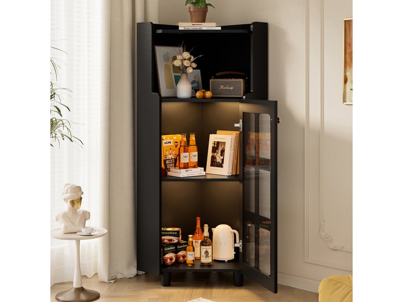  Armoire d'angle 63,5x45x124 cm, gain de place, éclairage led, pour salon, bibliothèque, salle de bains, mdf noir  - Conforama B