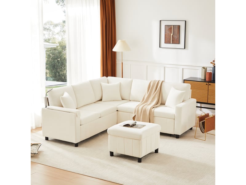  Canapé d'angle convertible tcqpz en chenille beige 205 x 205 x 85 cm avec fonction lit, usb type-c, lampe de lecture et table intégrée  - Conforama D