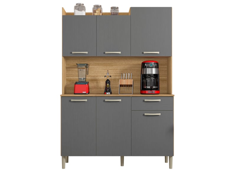 Buffet De Cuisine 6 Portes 1 Tiroir - Chêne Et Gris - 121.5 Cm - Rangement Spacieux - 3