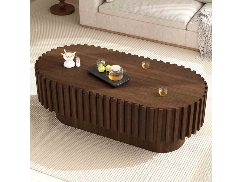  Table basse ovale 100x50x35,5 cm en mdf avec tiroir, table de salon avec décoration à lattes verticales, meuble d'appoint design - noyer  - Conforama D
