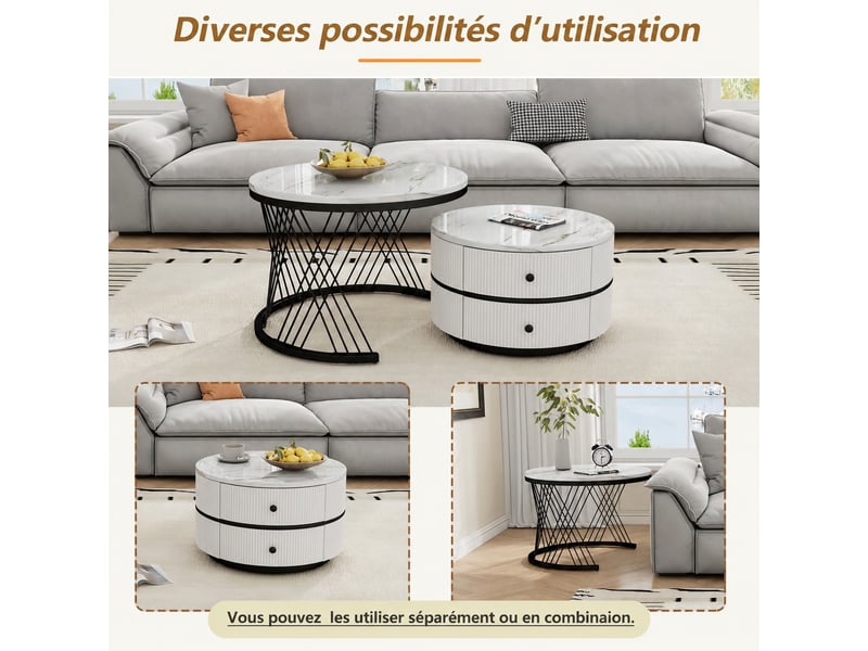  Ensemble de deux tables basses rondes gigognes blanches, effet marbre haute brillance, avec tiroirs  - Conforama E