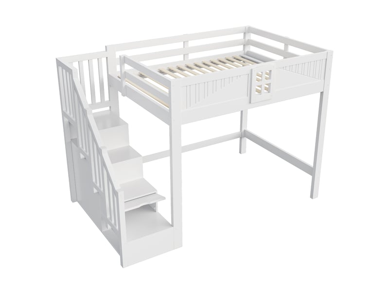 Lit mezzanine 140×200 cm en bois massif avec échelle rangement, blanc - Conforama D