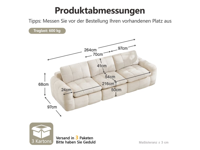 Canapé droit, canapé modulaire 3 places sans cadre, housse chenille ergonomique, base antidérapante, coussins épaissis, sans montage, beige - Conforama C