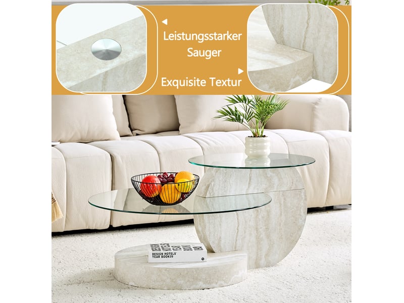  Table basse à niveaux avec deux plateaux en verre de sécurité et rangement ouvert en mdf gris clair pour salon  - Conforama E