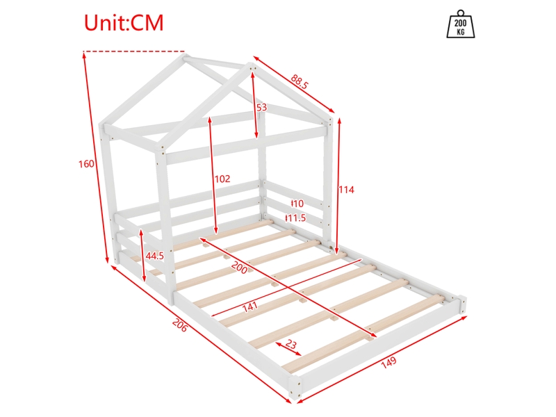  Lit cabane 140x200 cm, en forme de maison et avec lattes, en bois, blanc, sans matelas  - Conforama D
