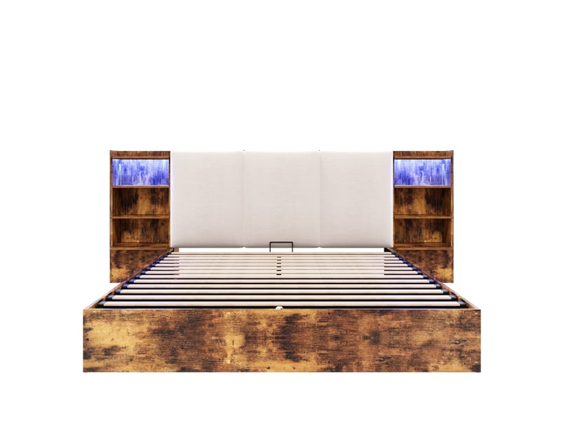  Lit adulte 180 x 200 cm, à rangement hydraulique, avec compartiments de rangement et bande lumineuse led, marron  - Conforama A