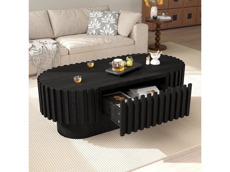  Table basse ovale 100 x 50 x 35,5 cm avec tiroir de rangement, décor à lattes verticales, plateau en mdf, noir  - Conforama B