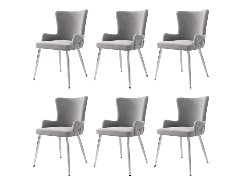  Lot de 6 chaise de salle à manger 55 x 45 x 85 cm – gris – velours, accoudoirs et pieds métal argenté  - Conforama A