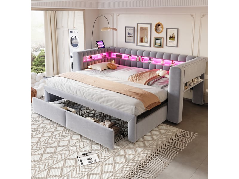  Lit gigogne 90 × 190 cm avec 2 tiroirs, rangements intégrés, led et ports usb type c, velours gris clair pour chambre  - Conforama B