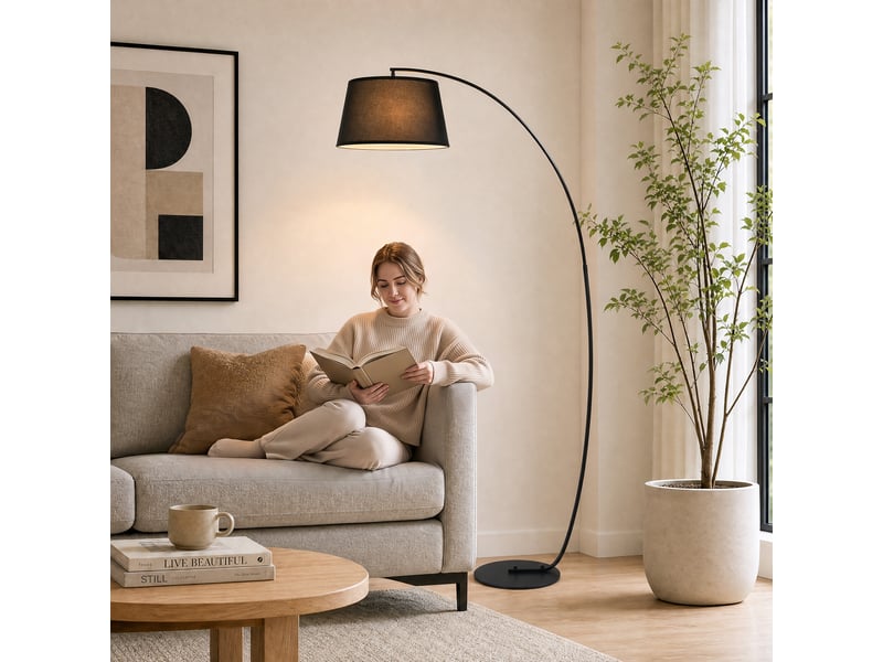  Lampadaire arqué avec abat-jour en tissu et interrupteur au pied, ø 47 x 105 x 190 cm, noir  - Conforama C