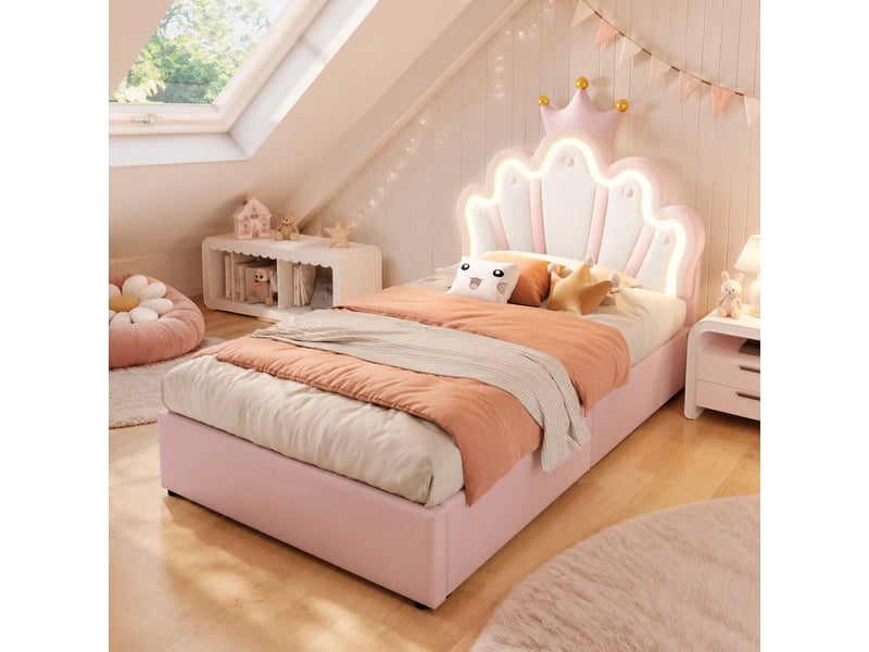  Lit coffre simple 200×90 cm avec led et tête de lit réglable en forme de couronne, sans matelas, en pu blanc et rose  - Conforama B
