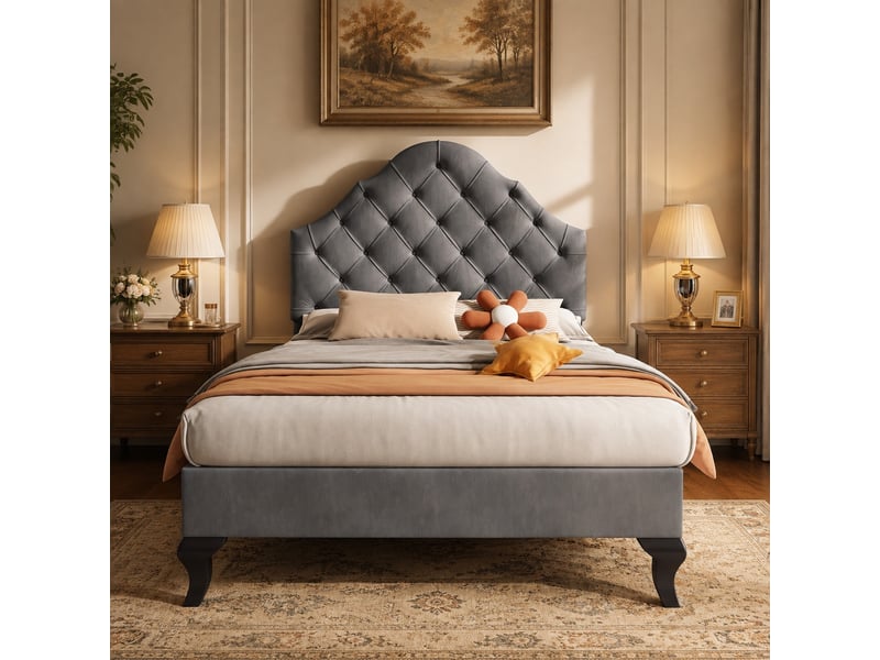  Lit simple 90x200 cm en velours gris avec tête de lit réglable et sommier à lattes  - Conforama D