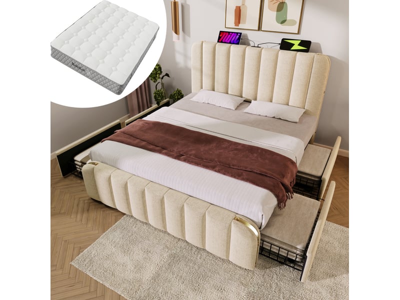  Lit double rembourré beige 180x200 cm avec tête de lit à bandes métalliques, ports usb et usb-c, 4 tiroirs de rangement, structure en métal et sommier à lattes  - Conforama B