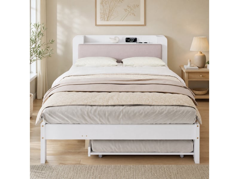  Lit gigogne 120x200 cm avec tête de lit rembourrée en bois blanc  - Conforama D