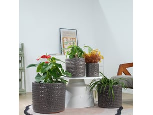 Pot de fleurs ø31 cm gris brillant en céramique, relief chevrons, avec drainage pour plantes et herbes