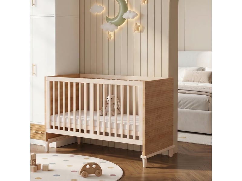 Lit bébé en bois naturel 70x140 cm, réglable en hauteur 5 niveaux, bois massif et mdf - Conforama R