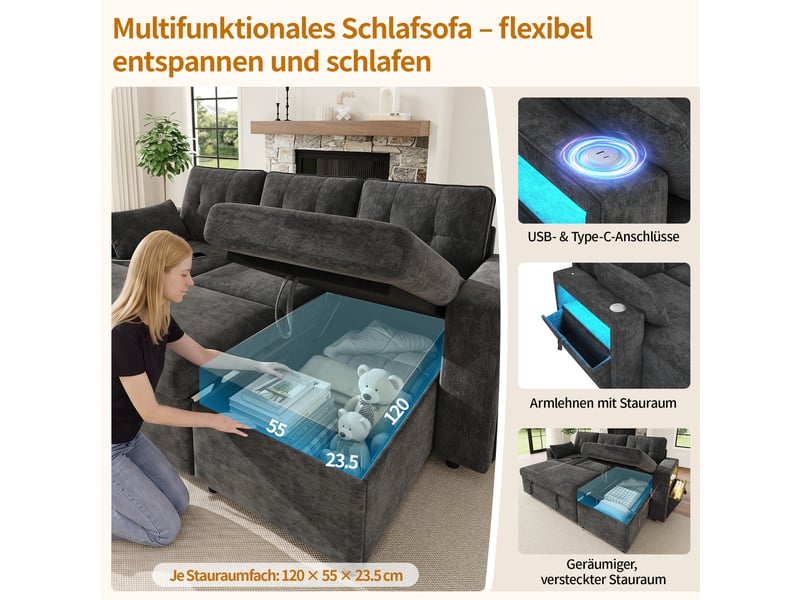  Canapé d’angle l convertible gris, méridienne réversible, rangement caché, usb et type c, éclairage led, accoudoirs rangement, 2 coussins, chenille  - Conforama E