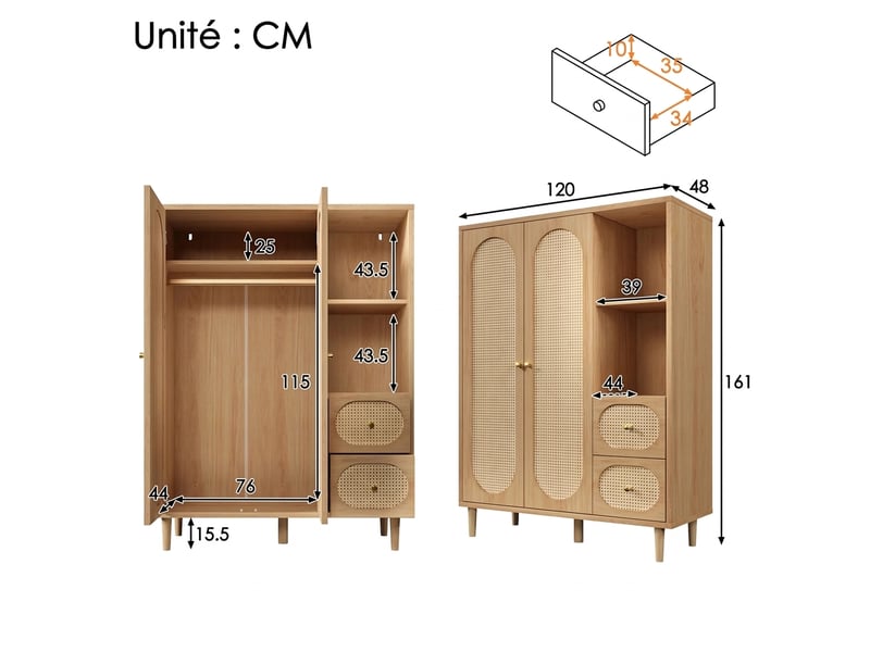  Armoire de chambre en chêne 2 portes avec 2 tiroirs, penderie et étagères, 161x120x48 cm, style campagne  - Conforama C