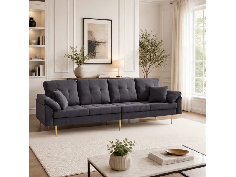 Canapé 4 places modenvie en velours côtelé avec pouf modulable, 250 cm, gris foncé - Conforama E